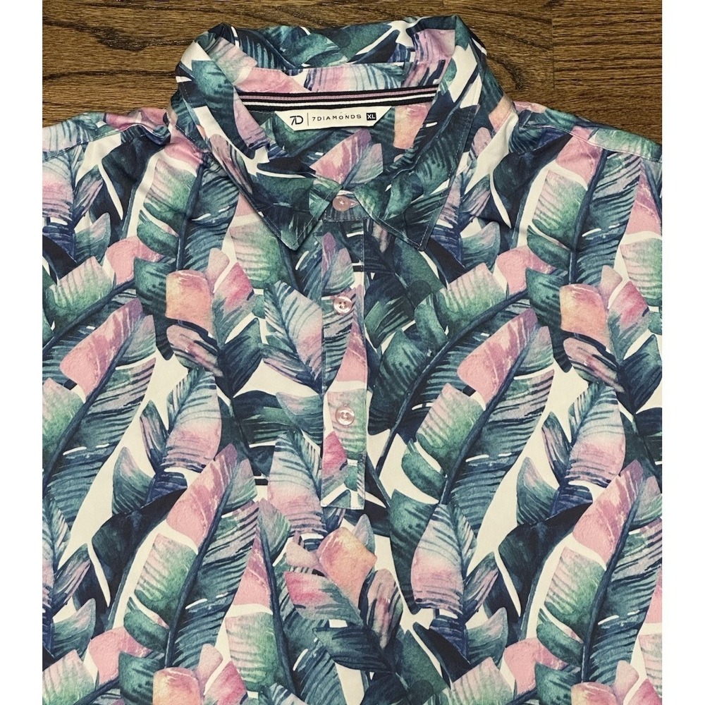 7 Diamonds 7D Verde 4 Way Stretch Polo Shirt Golf Colorful Leaf Men's Sz XL